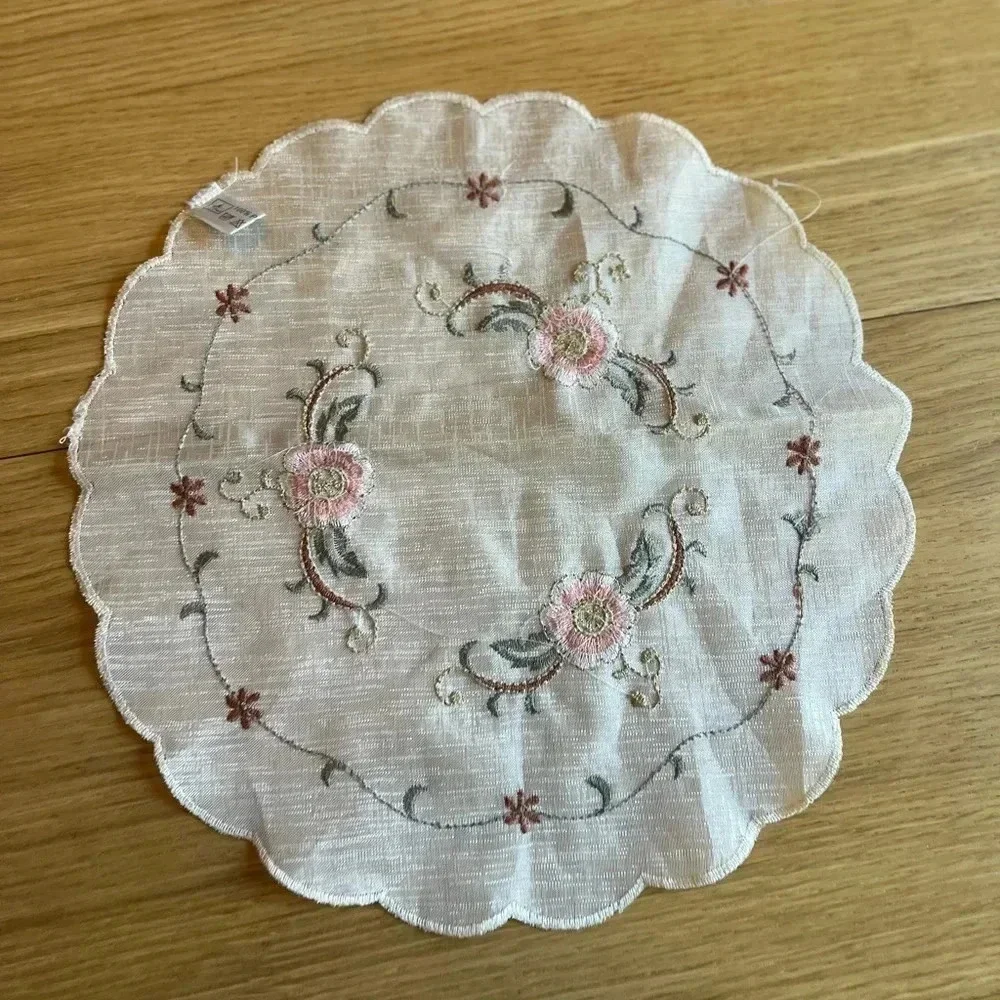 Vintage Hand-Embroidered Round Lace Doily - 11” Floral Design